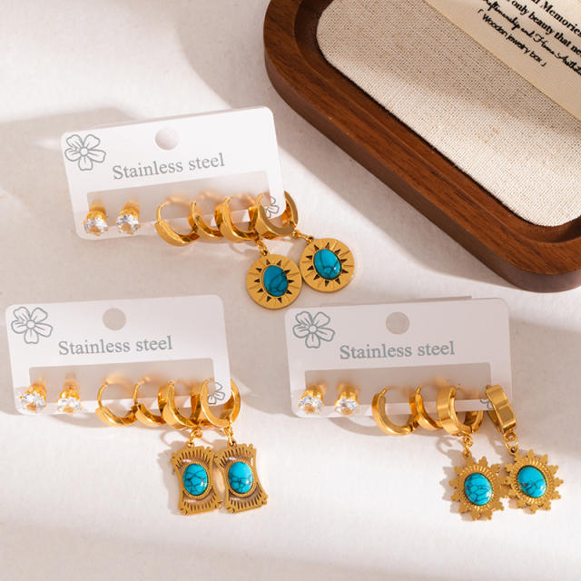 Vintage turquosie stone statement stainless steel earrings set