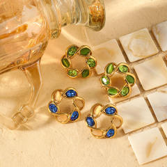 Elegnat opal stone inlaid twisted circle stainless steel earrings