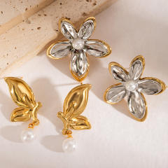 Two tone hot sale flower leaf drop shape stainless steel earrings