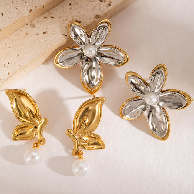 Two tone hot sale flower leaf drop shape stainless steel earrings
