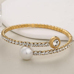 Elegant diamond elastic bangle stainless steel pearl bangle