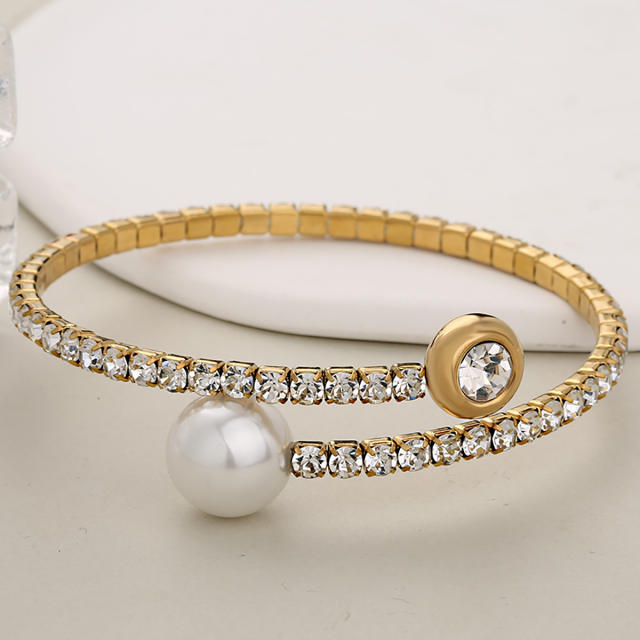Elegant diamond elastic bangle stainless steel pearl bangle