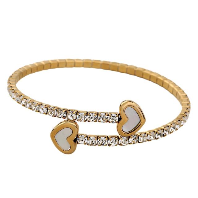 Elegant heart full diamond elastic stainless steel bangle