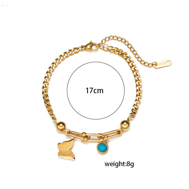 18KG turquoise stone bead butterfly heart clover charm stainless steel bracelet