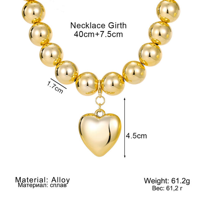 Chunky ball bead heart charm alloy necklace for women