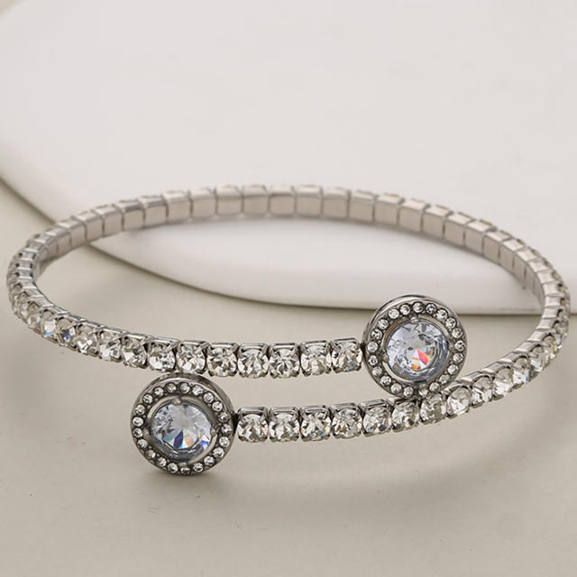 Fashion Single Row Crystal Zirconium Inlaid Round Full Diamond Open Claw Chain Stainless Steel Bracelet