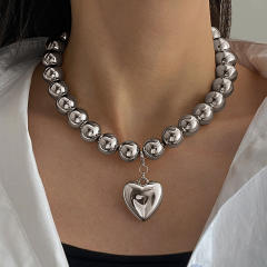Chunky ball bead heart charm alloy necklace for women