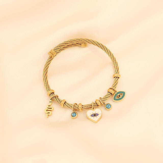 Personality drop oil eye heart diamond charm stainless steel bangle