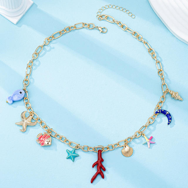 Summer ocean beach coral starfish fish pendant necklace