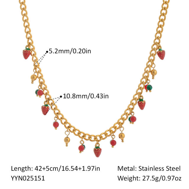 Summer holdiay sweet fruit strawberry charm stainless steel necklace bracelet suit