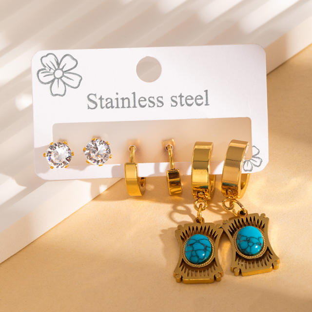 Vintage turquosie stone statement stainless steel earrings set