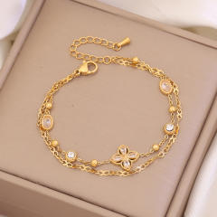 Delicate diamond clover two layer stainless steel bracelet