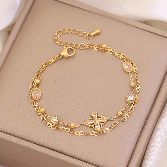 Delicate diamond clover two layer stainless steel bracelet