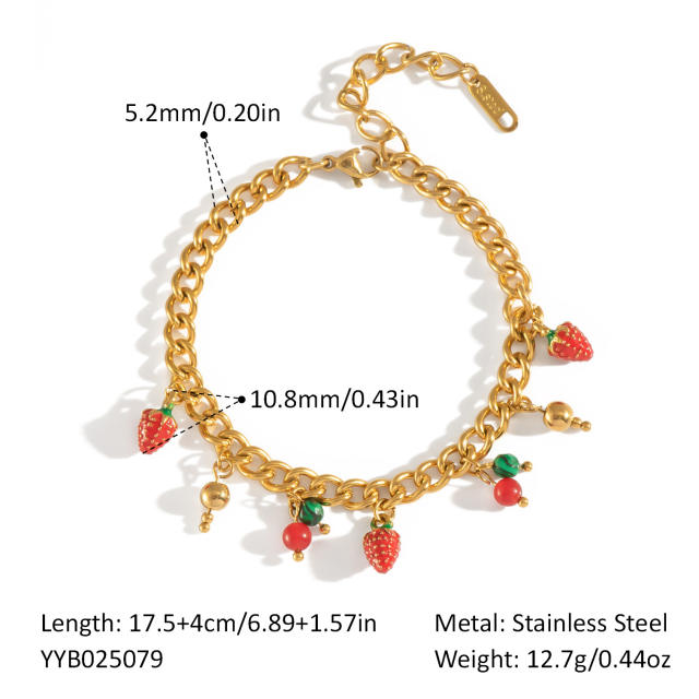 Summer holdiay sweet fruit strawberry charm stainless steel necklace bracelet suit