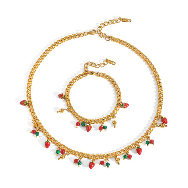 Summer holdiay sweet fruit strawberry charm stainless steel necklace bracelet suit