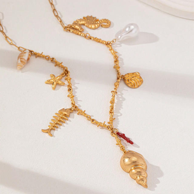 Beach wind shell starfish seahorse coral pendant necklace