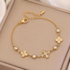 Delicate diamond clover two layer stainless steel bracelet
