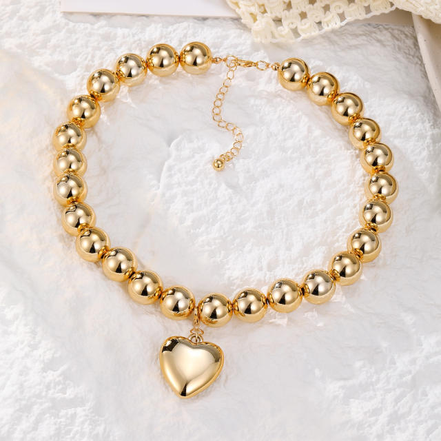 Chunky ball bead heart charm alloy necklace for women