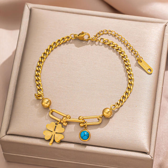 18KG turquoise stone bead butterfly heart clover charm stainless steel bracelet