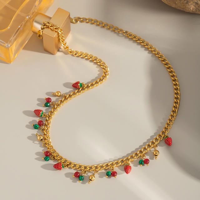 Summer holdiay sweet fruit strawberry charm stainless steel necklace bracelet suit