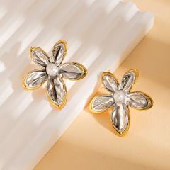 Two tone hot sale flower leaf drop shape stainless steel earrings