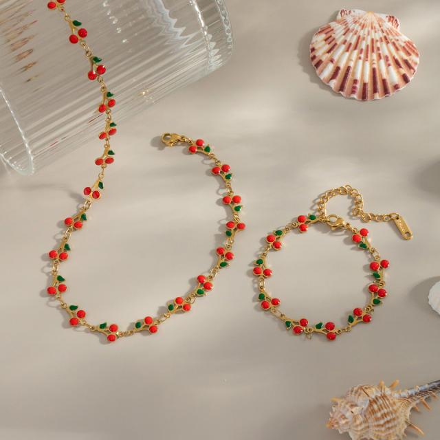 Summer sweet fruit cherry stainless steel choker necklace bracelet suit