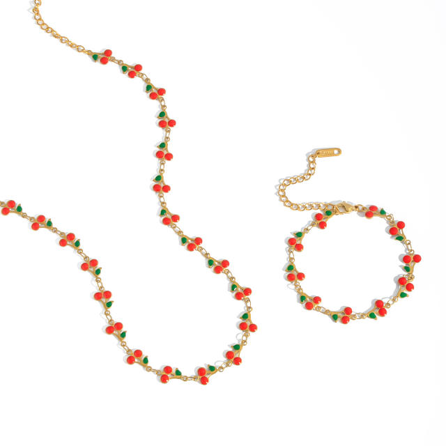 Summer sweet fruit cherry stainless steel choker necklace bracelet suit