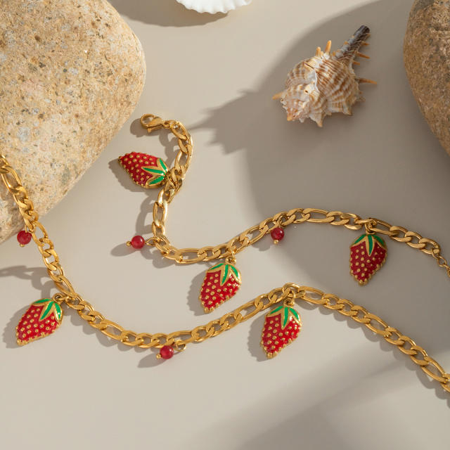 Summer sweet fruit strawberry charm stainless steel bracelet necklace suit