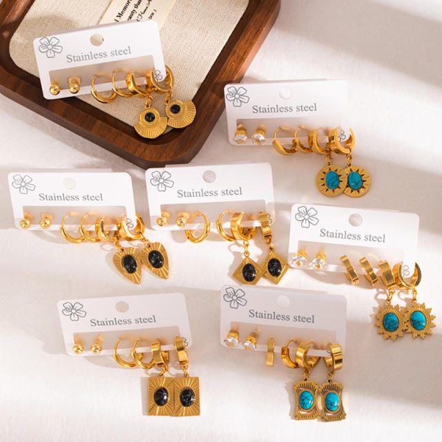 Vintage turquosie stone statement stainless steel earrings set