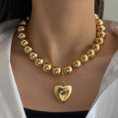 Chunky ball bead heart charm alloy necklace for women