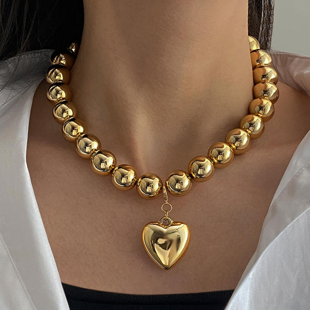 Chunky ball bead heart charm alloy necklace for women