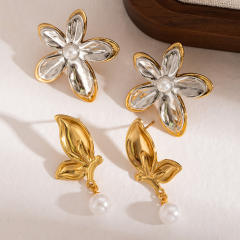 Two tone hot sale flower leaf drop shape stainless steel earrings