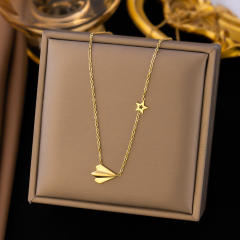 Dainty paper airplane geometric pentagonal heart stainless steel necklace