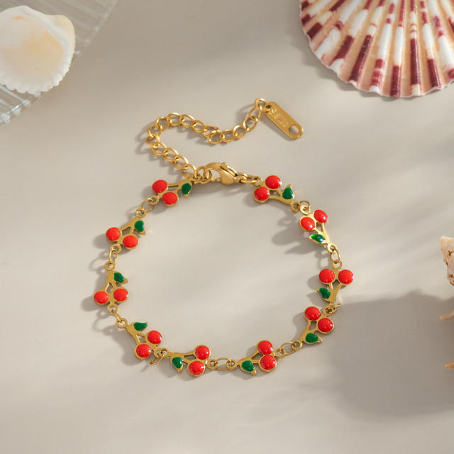 Summer sweet fruit cherry stainless steel choker necklace bracelet suit