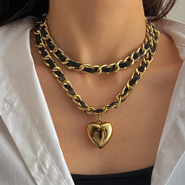 Elegant braid velvet alloy chain two layer heart pendant necklace