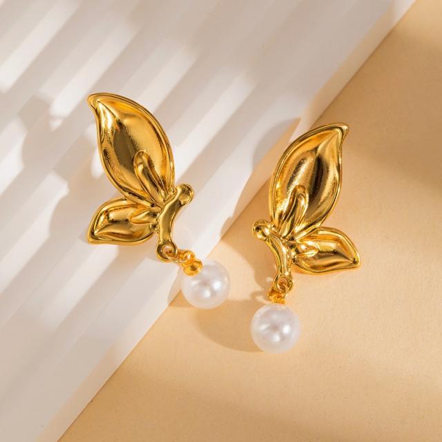 Two tone hot sale flower leaf drop shape stainless steel earrings