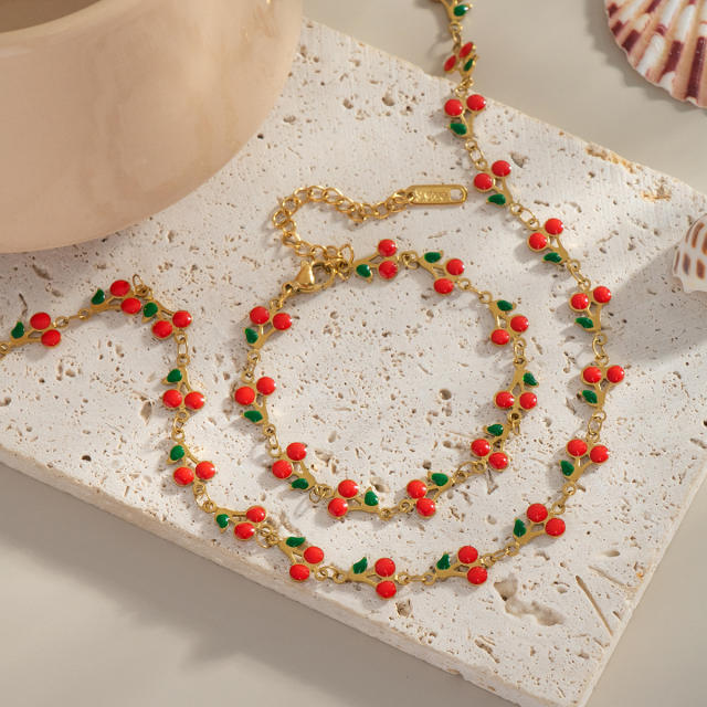 Summer sweet fruit cherry stainless steel choker necklace bracelet suit