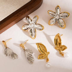Two tone hot sale flower leaf drop shape stainless steel earrings