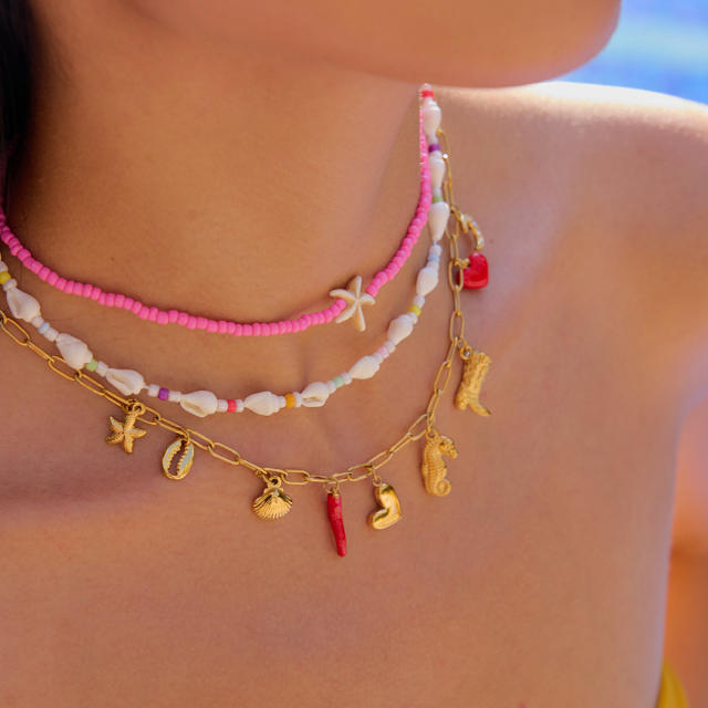 18K Gold Stainless Steel Holiday Style Pearl Necklace sweet pink color necklace