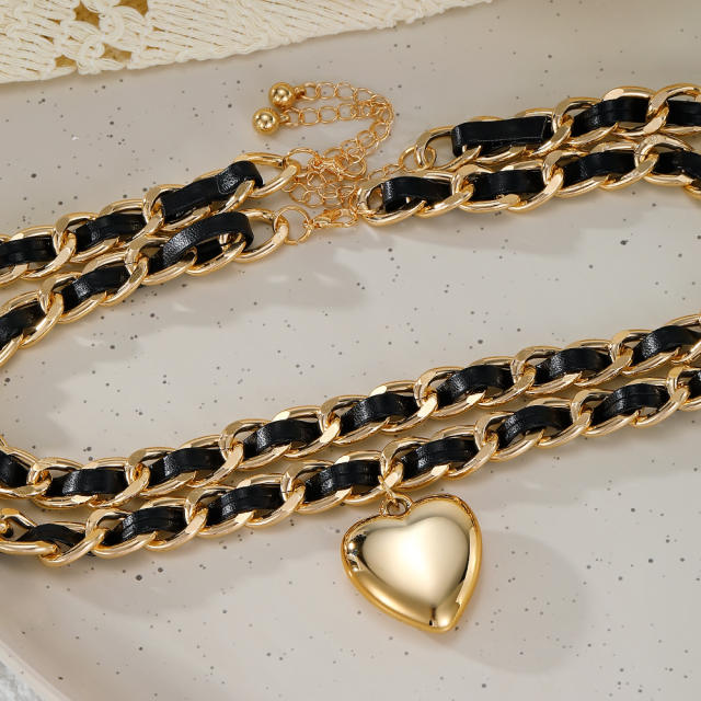 Elegant braid velvet alloy chain two layer heart pendant necklace