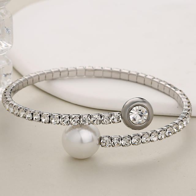 Elegant diamond elastic bangle stainless steel pearl bangle