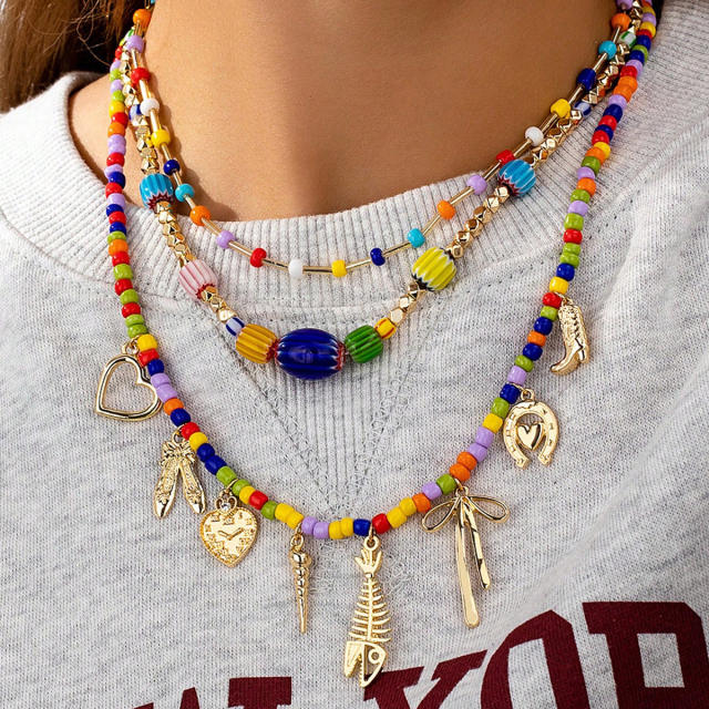 Summer colorful seed bead multi charm alloy necklace layer necklace set