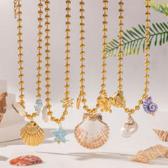 Stainless Steel Necklace Sweet Style Beaded Shell Ceramic charm Necklace