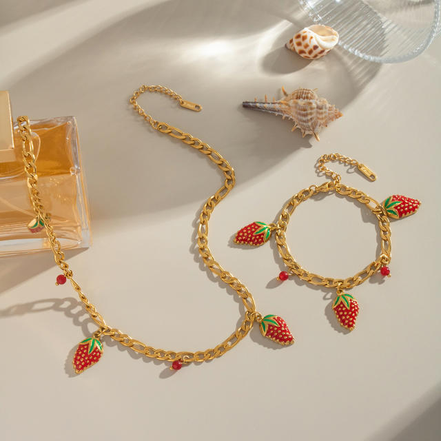 Summer sweet fruit strawberry charm stainless steel bracelet necklace suit