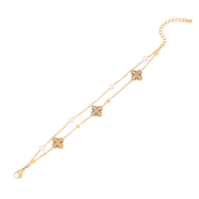 Delicate diamond clover two layer stainless steel bracelet