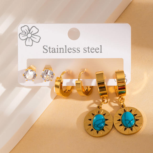 Vintage turquosie stone statement stainless steel earrings set
