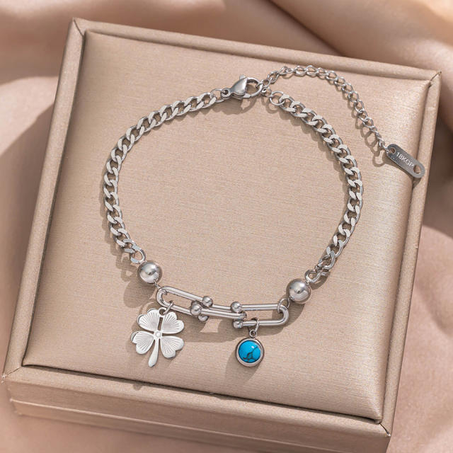 18KG turquoise stone bead butterfly heart clover charm stainless steel bracelet