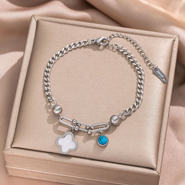 18KG turquoise stone bead butterfly heart clover charm stainless steel bracelet