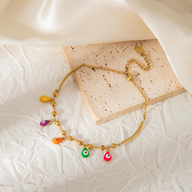 New design colorful enamel evil eye tassel stainless steel anklet