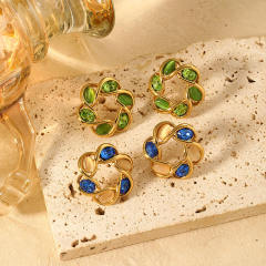 Elegnat opal stone inlaid twisted circle stainless steel earrings